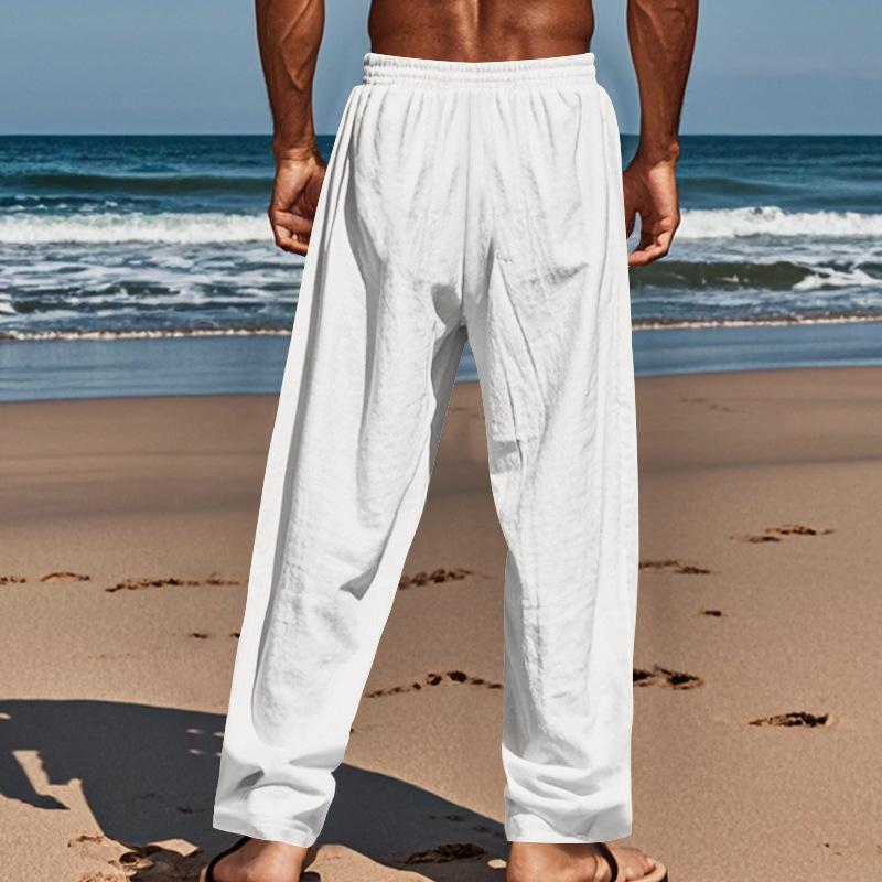 Men's Beach Solid Color Cotton and Linen Drawstring Pants 80434182Y