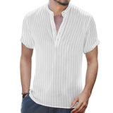 Men's Casual Loose Striped Cotton Linen Stand Collar Short Sleeve Shirt 24527701M