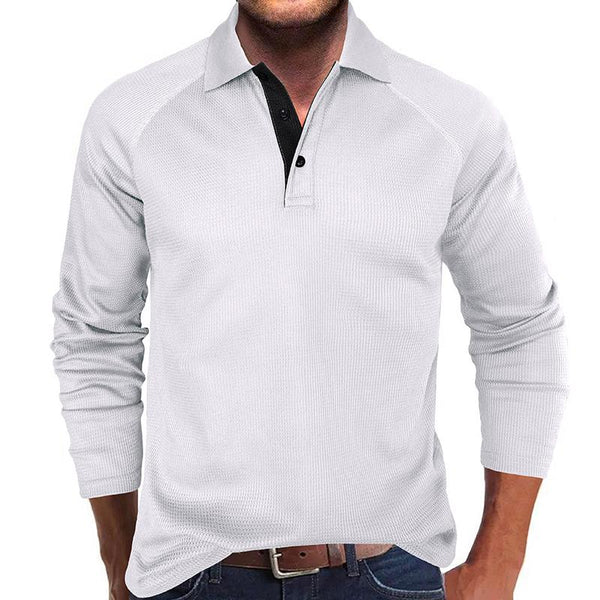 Men's Casual Waffle Solid Color Lapel Long Sleeve POLO Shirt 27886576Y