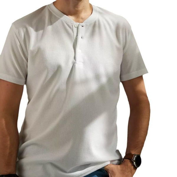 Men's Casual Waffle Solid Color Henley Neck Short Sleeve T-Shirt 28505567M