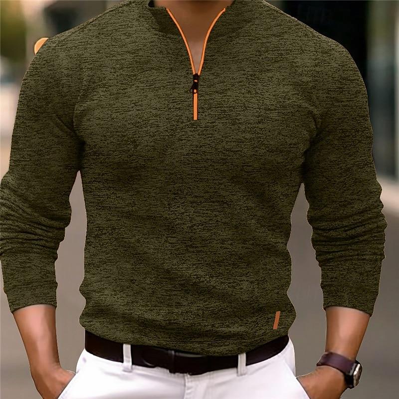 Men's Casual Mixed Color Zipper Stand Collar Long Sleeve Polo Shirt 86164561Y