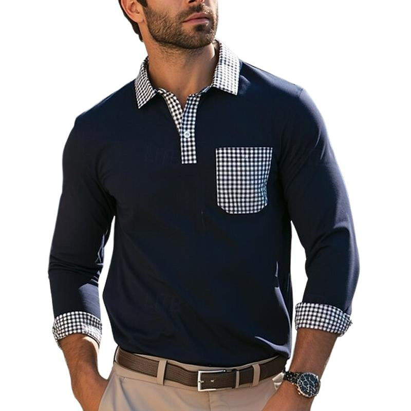 Men's Lapel Plaid Stitching Long Sleeve POLO Shirt 38535473X