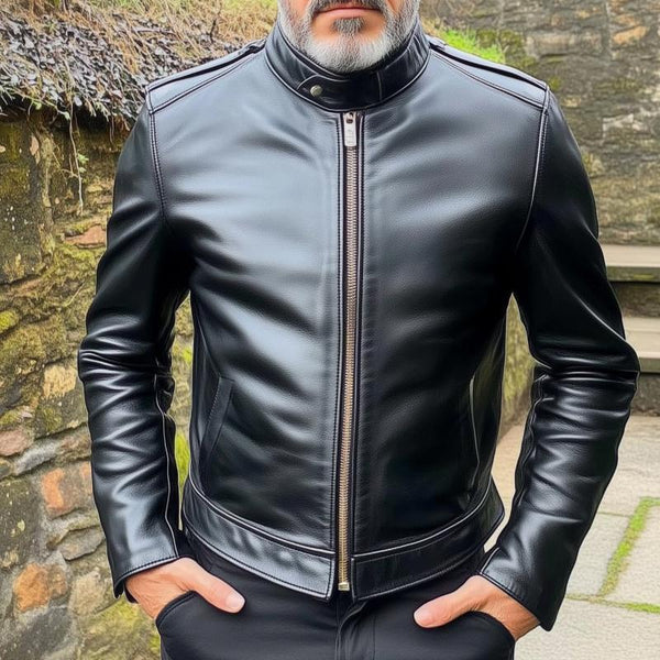 Men's Retro Casual Solid Color Motorcycle Style Zipper Leather Jacket 38796431TO