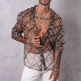 Men's Lapel Long Sleeve Print Transparent Shirt 09427485Z