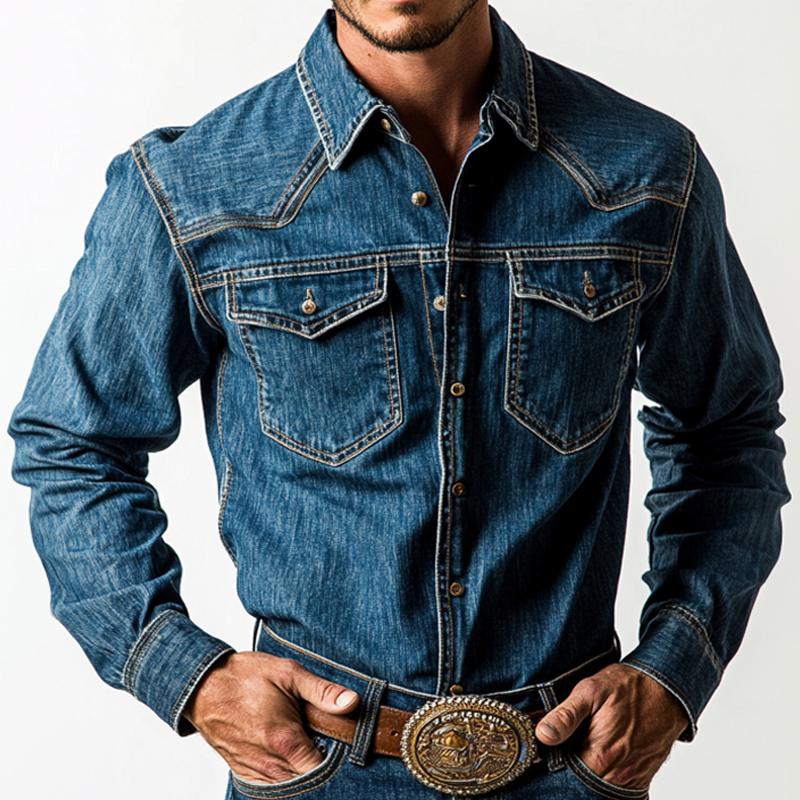 Men's Washed Denim Button-Down Long Sleeve Shirt 32263604U