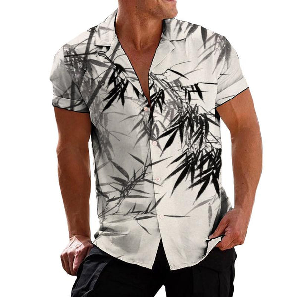 Men's Retro Bamboo Leaf Lapel Short Sleeve Shirt 57459666TO