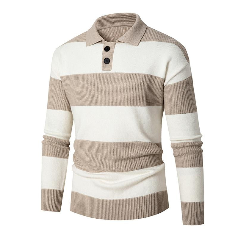 Men's Casual Contrast Color Striped Polo Collar Long Sleeve Loose Sweater 13307346M