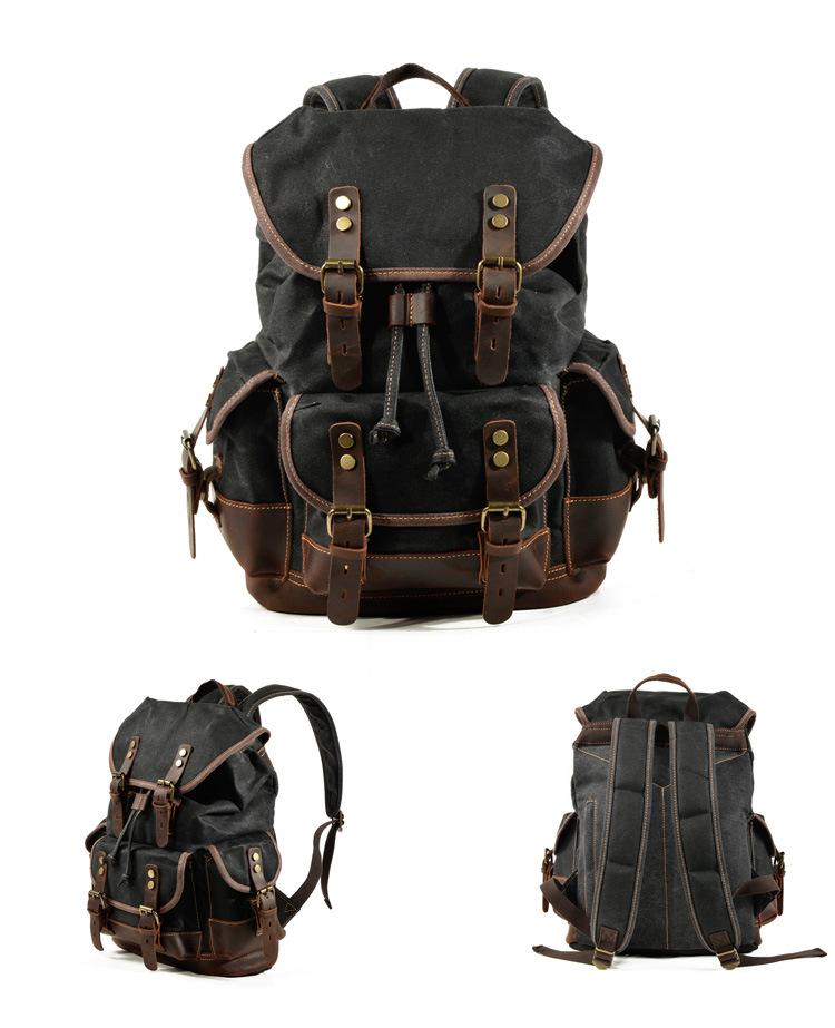 Mochila de lona vintage para hombre con múltiples bolsillos y costuras de cuero para exteriores 19083234Y