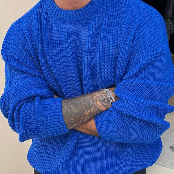 Men's Solid Color Loose Knit Crew Neck Sweater 96697233X