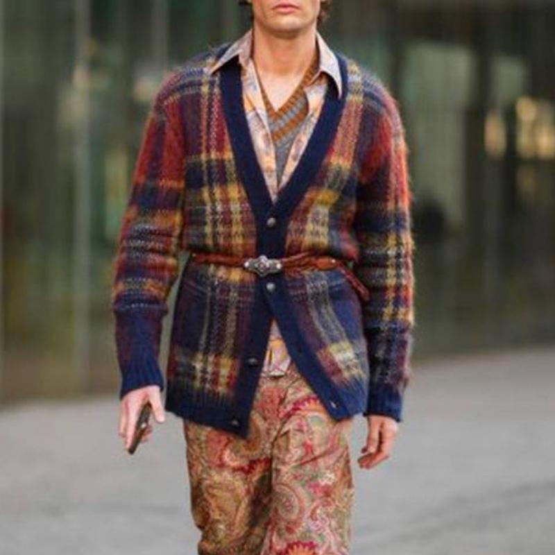 Cardigan senza colletto a quadri colorati vintage da uomo (senza cintura) 16788171Y