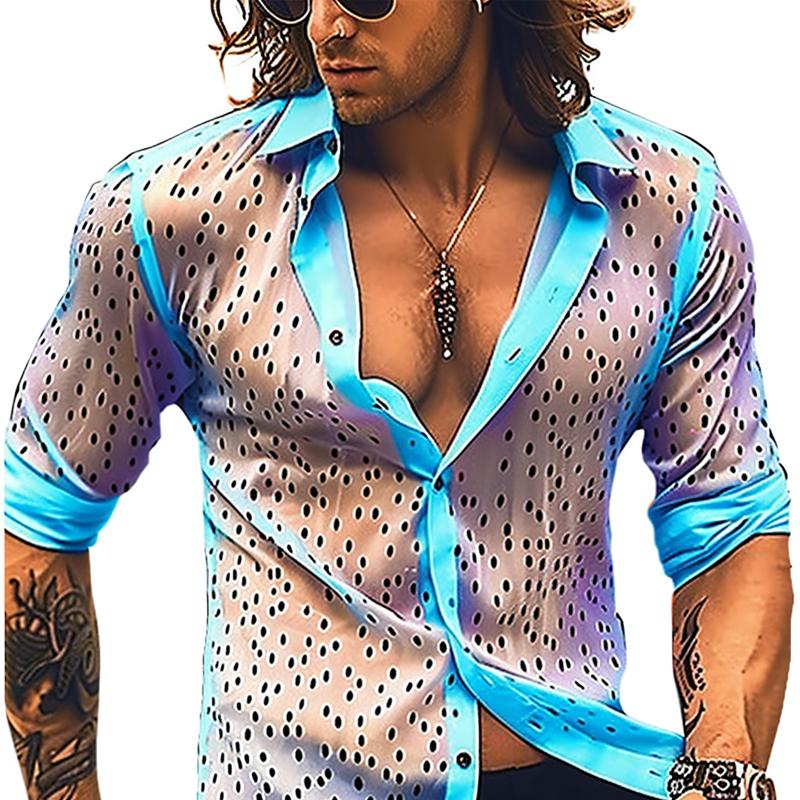 Men's Thin Sheer Polka Dot Print Lapel Long Sleeve Shirt 23313774Y