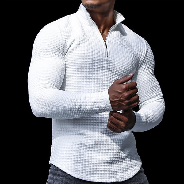 Men's Casual Waffle Solid Zipper Lapel Long Sleeve T-Shirt 26680149Y