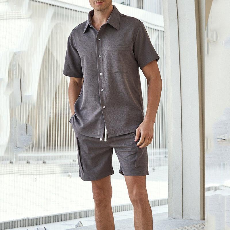 Men's Fashion Cotton Blended Lapel Short Sleeve Shirt Loose Shorts Set 55667896M
