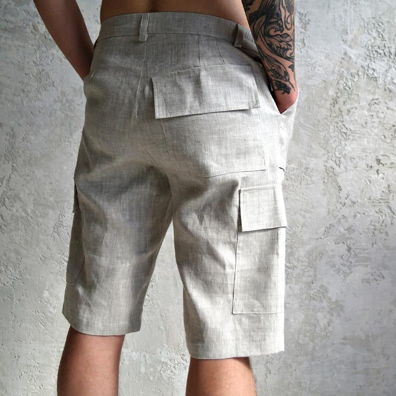 Men's Cotton and Linen Multi-pocket Button Shorts 87705332X