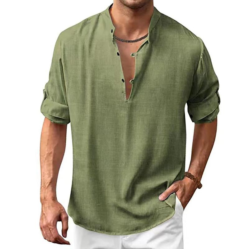 Men's Casual Solid Color Stand Collar Button Long Sleeve Shirt 97174588M