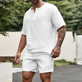 Men's Solid Linen V Neck Short Sleeve Top Shorts Casual Set 90708217Z