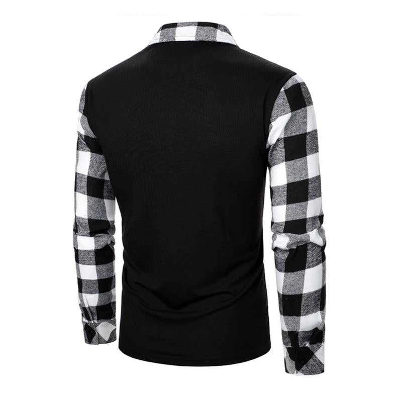 Men's Plaid Contrast Color Casual Long Sleeve Polo Shirt 98775410X