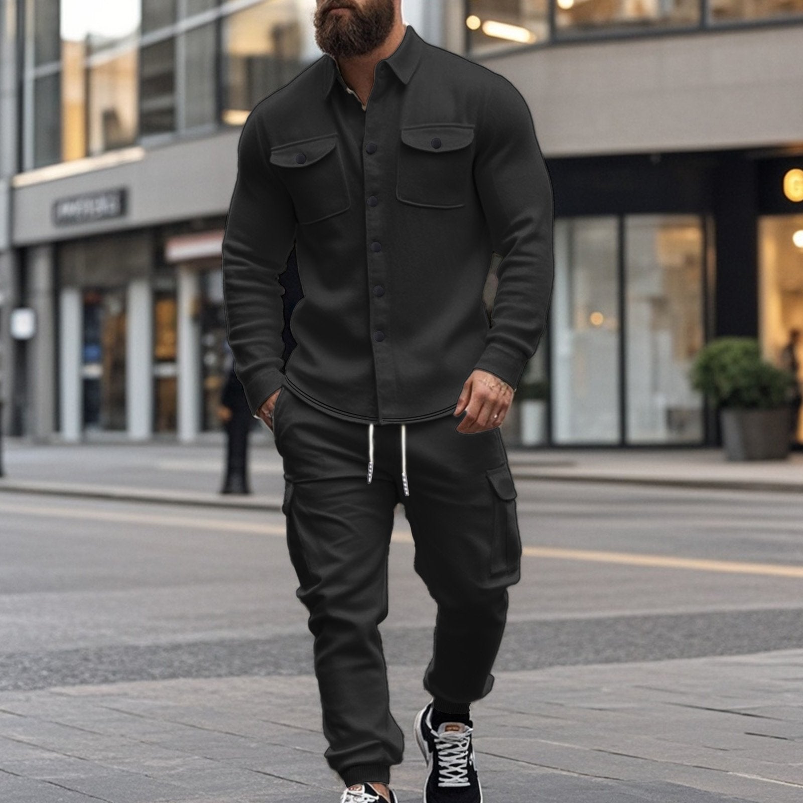 Men's Fleece Warm Lapel Jacket And Cargo Pants Set 16565882Y