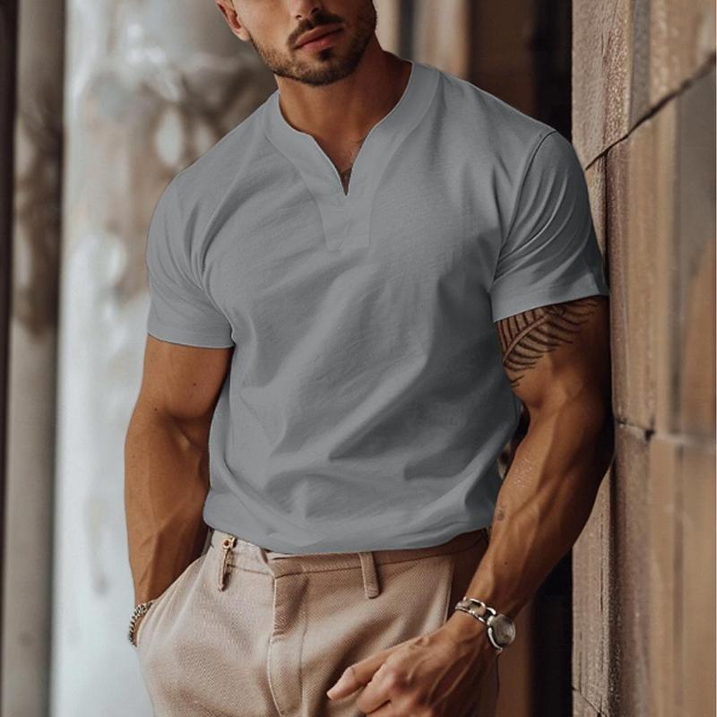 Men's Solid Color Elastic V-Neck Slim Fit Short-Sleeved T-Shirt 68172151Y