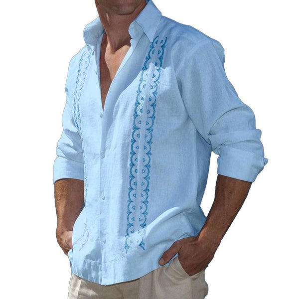 Men's Lapel Button Cotton Linen Printed Long Sleeve Shirt 93089291X