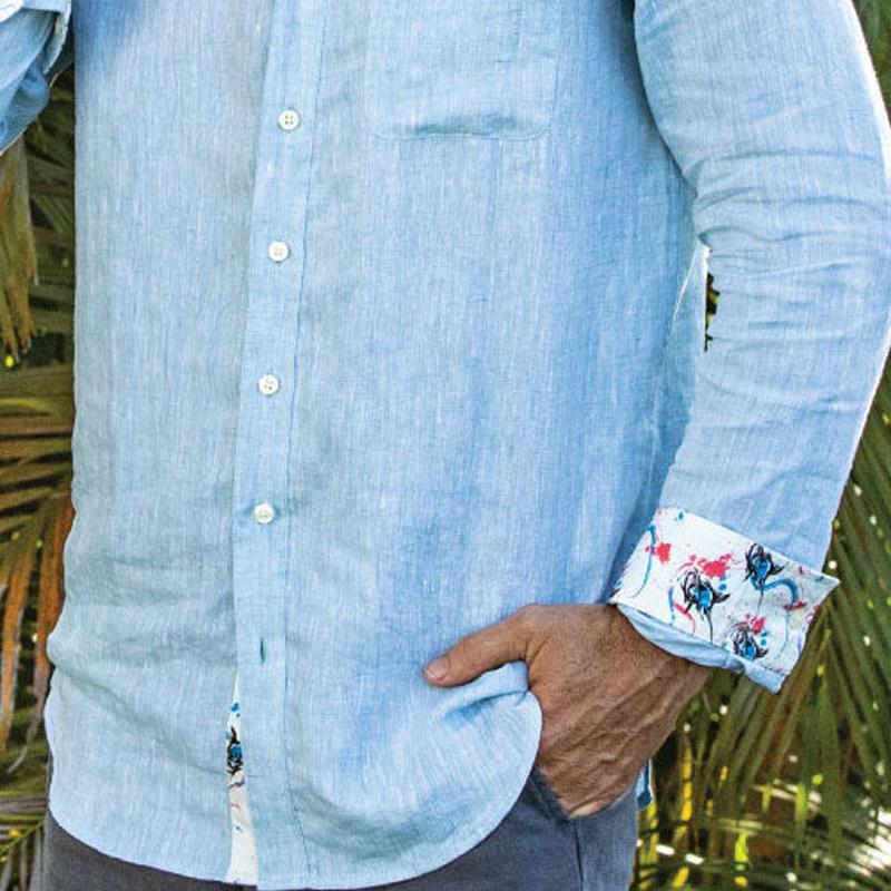 Men's Cotton and Linen Colorblock Printed Lapel Long-sleeved Shirt 43994626X