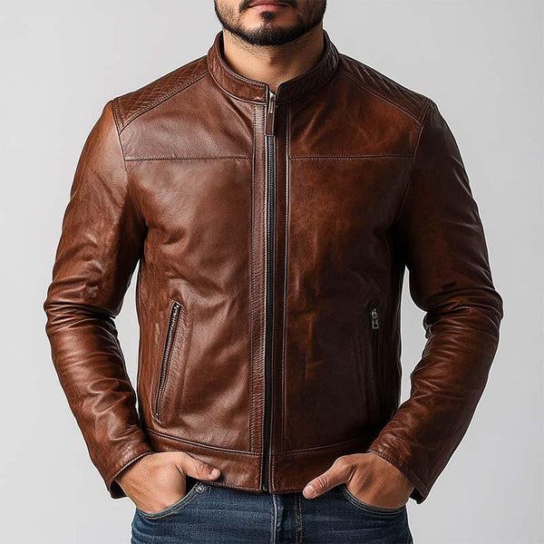 Men's Classic Vintage Casual Zip-Up Leather Jacket 20113466K