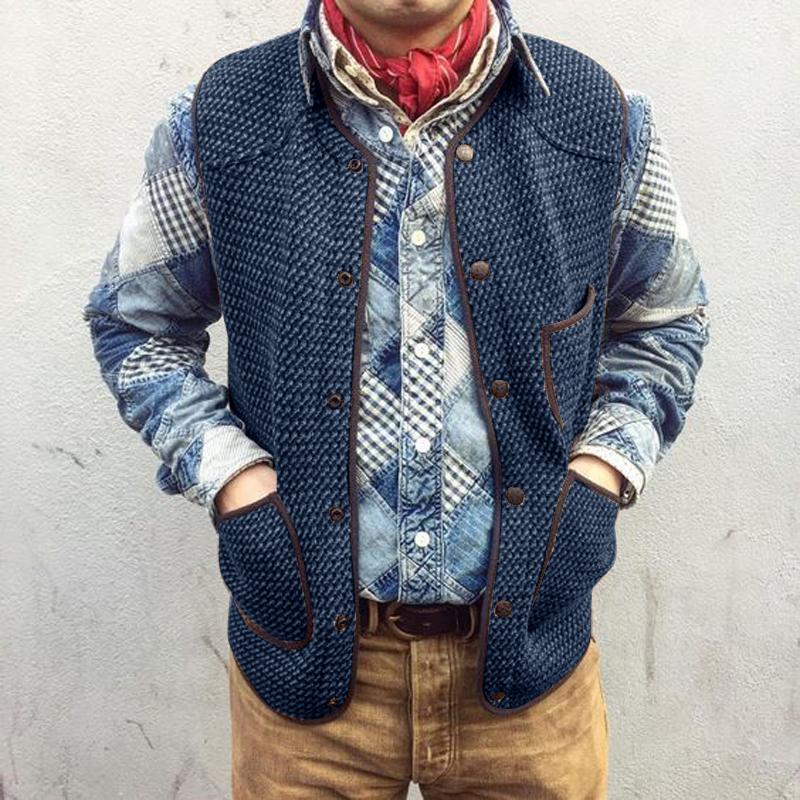 【Expédition 24h/24】Gilet multi-poches à col rond et boutonnage simple pour homme, couleur unie, vintage, 84412276Y