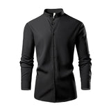 Men's Casual Solid Color Stand Collar Elastic Long Sleeve Shirt 85490907X