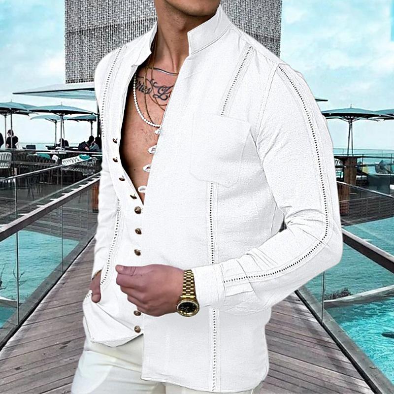 Men's Casual Solid Color Button Breast Pocket Long Sleeve Shirt 47920593Y