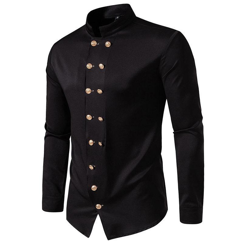 Men's British Vintage Double Breasted Stand Collar Long Sleeve Shirt 07650067X