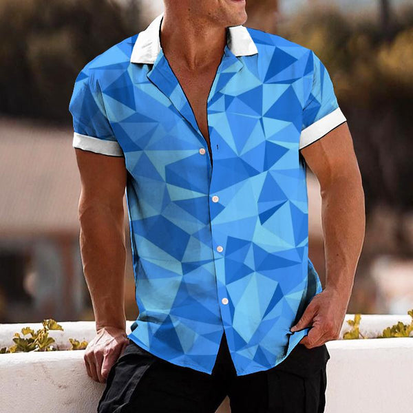 Men's Casual Geometric Color Block Lapel Short Sleeve Shirt 91095248TO