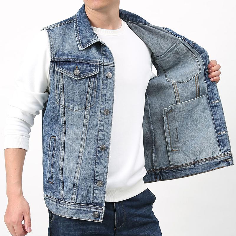 Men's Vintage Wash Lapel Single Breasted Multi Pocket Denim Vest 50562057M