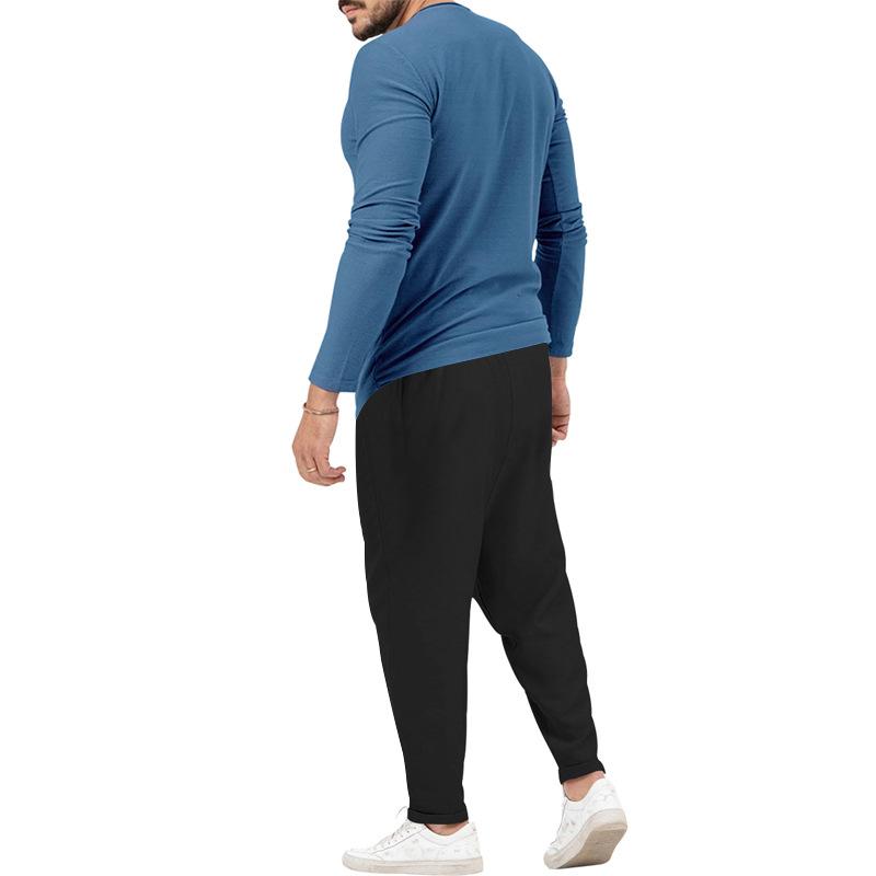 Herren-Henley-Set mit T-Shirt und Hose, einfarbig, langärmelig, 72706978X