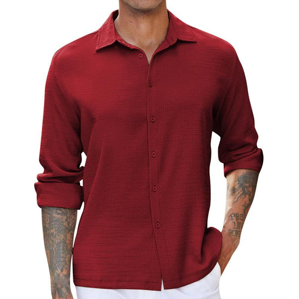 Men's Solid Color Bubble Wrinkle Casual Lapel Shirt 18413166X