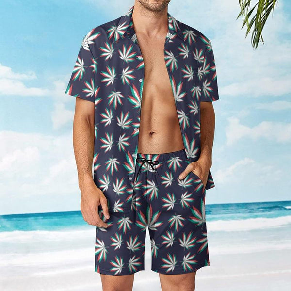 Men's Leaf Holiday Print Short-sleeved Shorts Shirt Two-piece Set 76260104X
