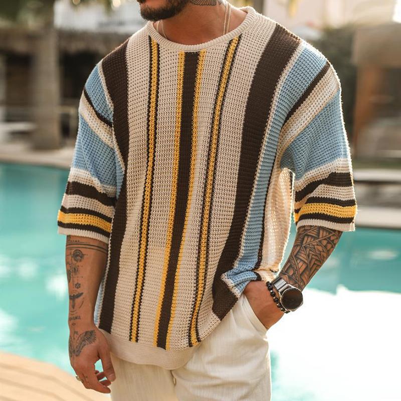 Men's Casual Round Neck Half Sleeve Contrasting Color Striped Knitted Sweater 97152434M