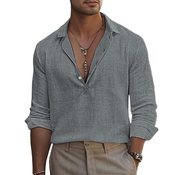 Men's Casual Cotton Linen Blended Loose Long-Sleeved Pullover Shirt 11396327M
