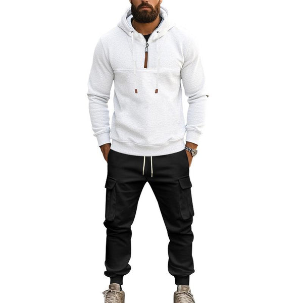 Men's Solid Zipper Collar Long Sleeve Hoodie Multi-pocket Trousers Casual Set 96921494Z