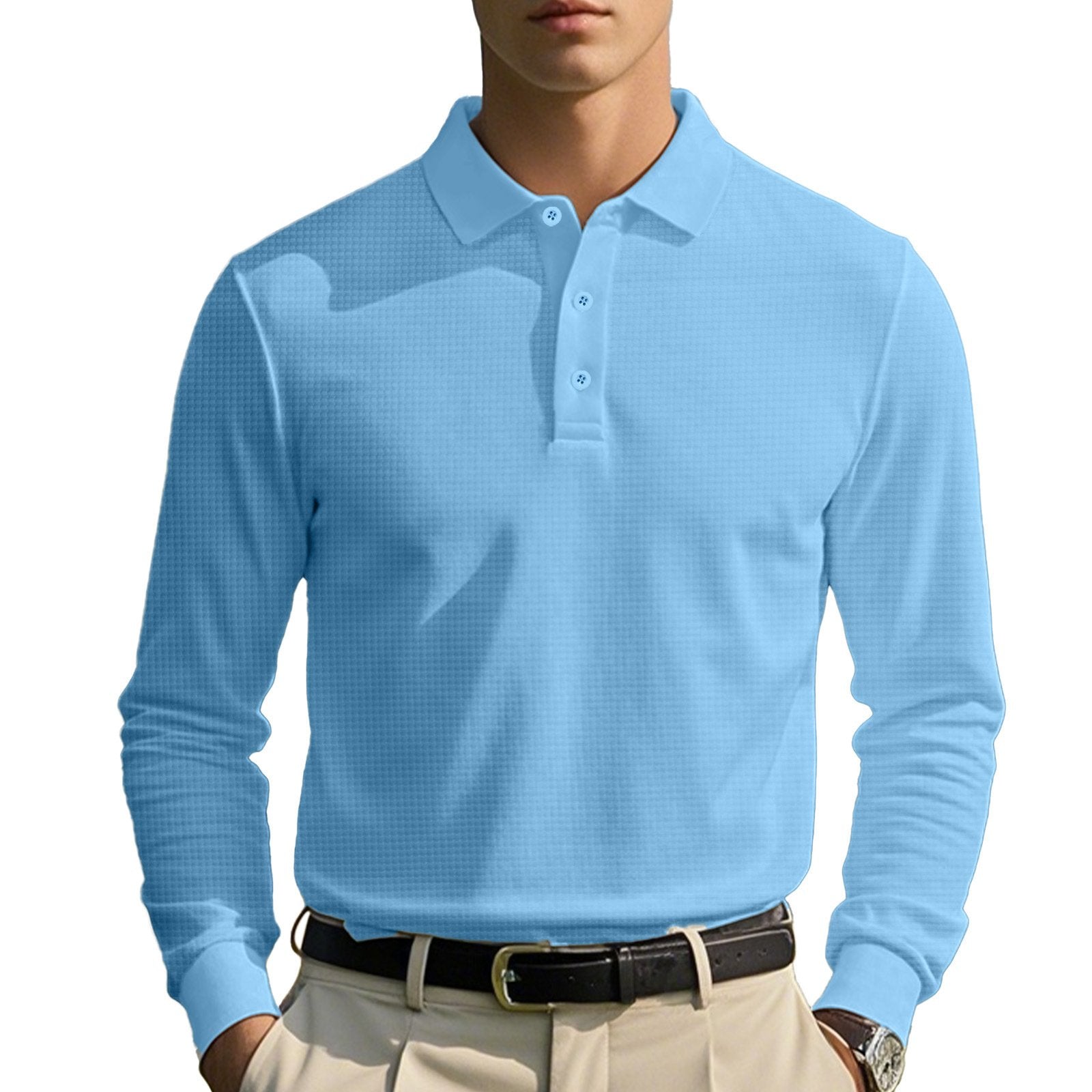 Men's Solid Color Waffle Lapel Long Sleeve Polo Shirt 41139532Z