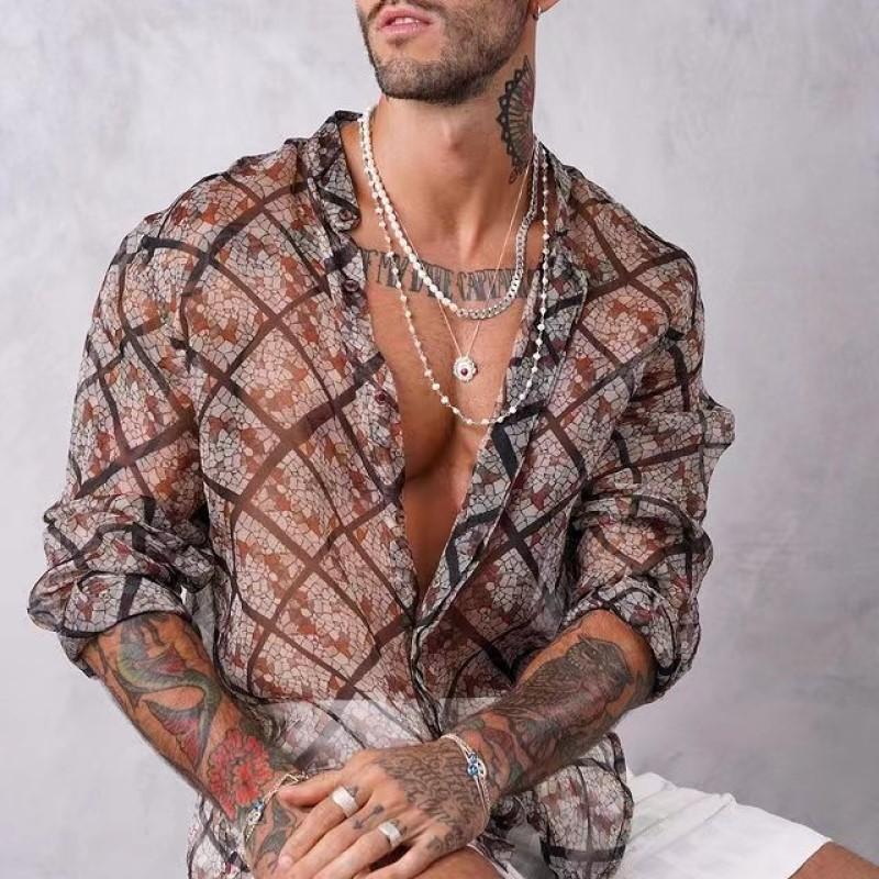 Men's Lapel Long Sleeve Print Transparent Shirt 09427485Z