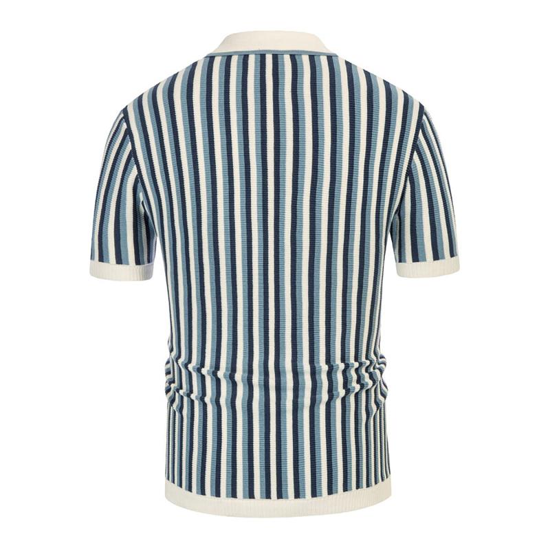 Men's Casual Ice Silk Striped Knitted Lapel Short-Sleeved Cardigan 08944932M