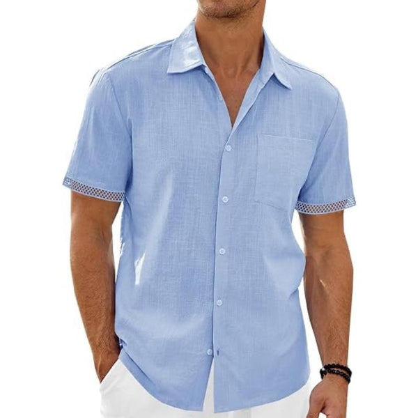 Men's Solid Color Patchwork Cotton And Linen Short-Sleeved Shirt 69778872Y