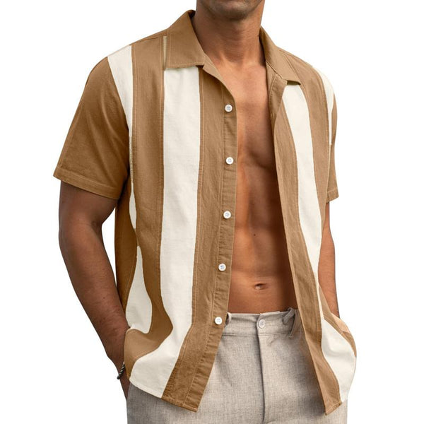 Men's Vintage Contrast Stripe Patchwork Cuban Collar Short-Sleeved Shirt 50213815M