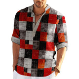 Men's Casual Loose Printed Cotton And Linen Stand Collar Long Sleeve Shirt 82174855K