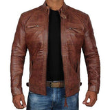Men's Vintage Distressed Stand Collar Zip Motorcycle Leather Jacket 90149695M