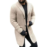 Men's Casual Solid Color Lapel Long Sleeve Mid-Length Knitted Cardigan 19980621M