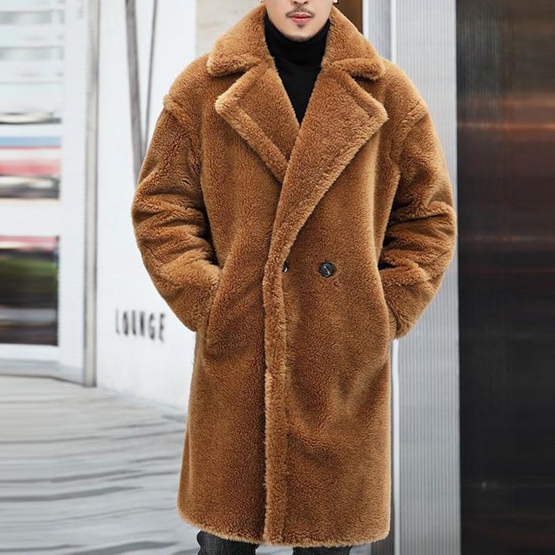 Men's Warm Solid Color Teddy Plush Lapel Long Coat 00244387Y