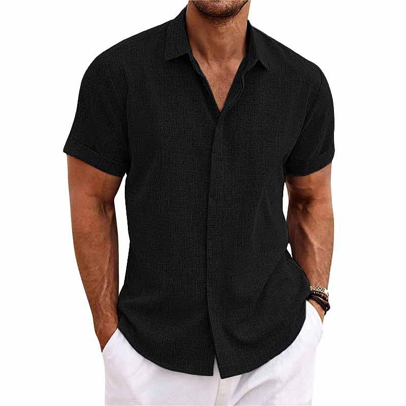 Chemise à manches courtes en coton et lin à revers de couleur unie pour hommes 82339241X