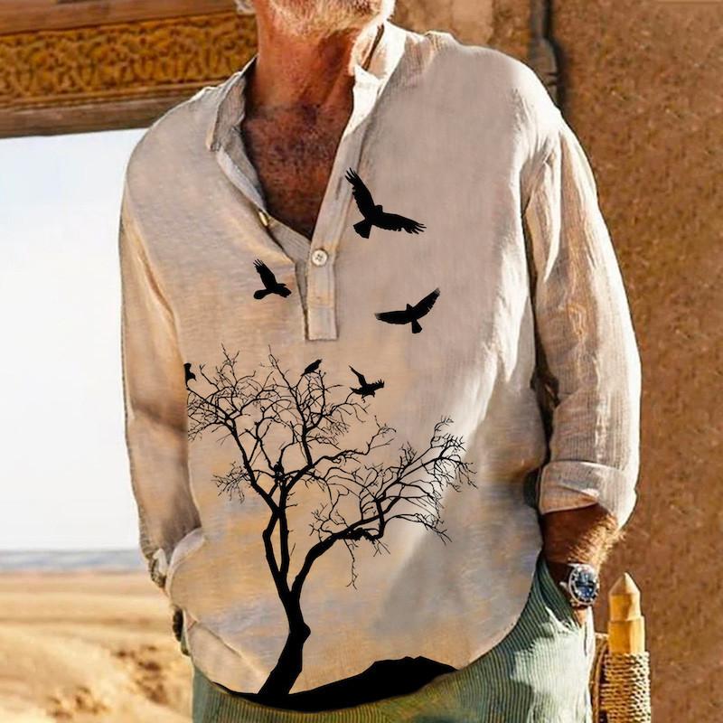 Camicia a maniche lunghe con colletto Henley e stampa albero vintage da uomo 87757900Y