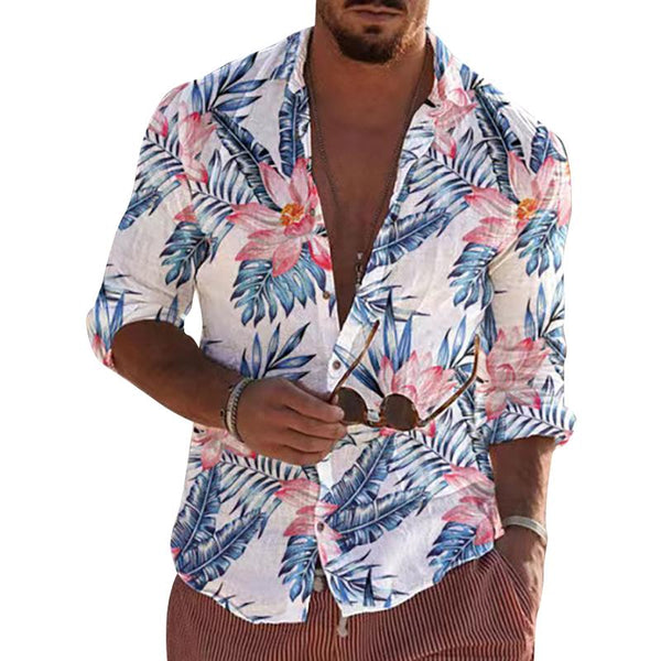 Men's Vintage Beach Leaf Print Lapel Long Sleeve Shirt 46858691Y